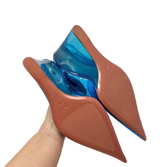 NEW Amina Muaddi Ane Pointed Toe PVC Glass Patent Wedges Heels Blue US 7.5 - Picture 10 of 13